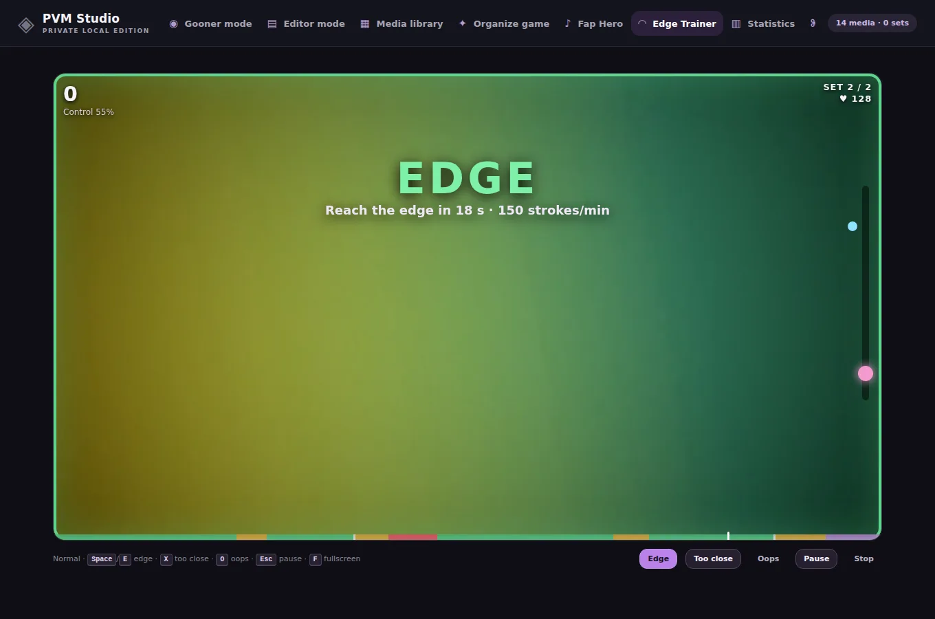 Edge Trainer showing an EDGE call with time and strokes per minute