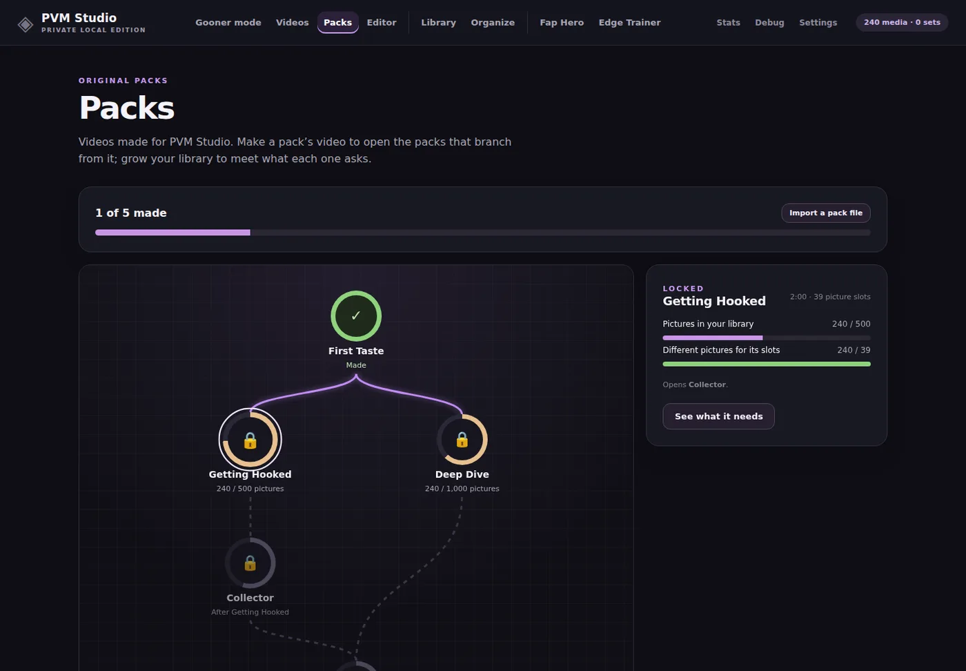 The Packs skill tree with First Taste made and the next packs locked