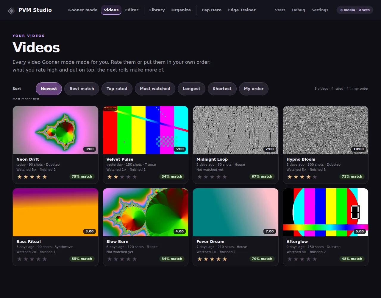 The Videos tab listing generated PMVs with star ratings and match scores